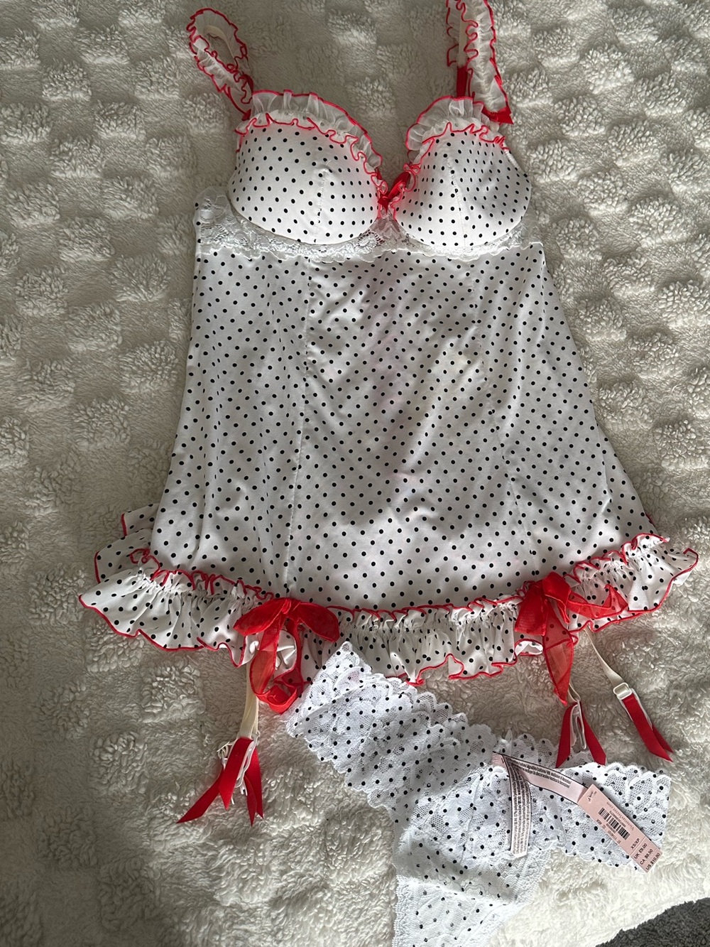 Victoria's Secret White Polka Dot Satin Chemise with Red Trim